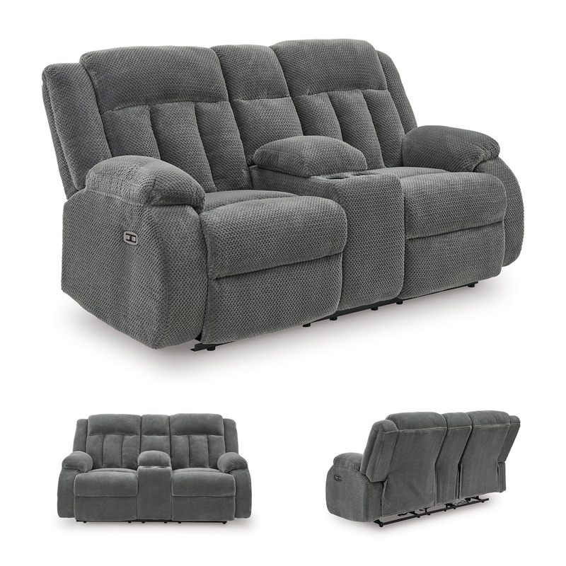 Bowery Hill Contemporary Polyester Gray Power Reclining Loveseat with Console