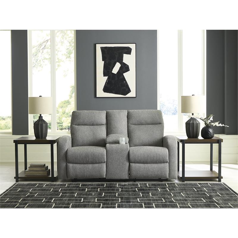Bowery Hill Contemporary Polyester Gray Reclining Loveseat with Console