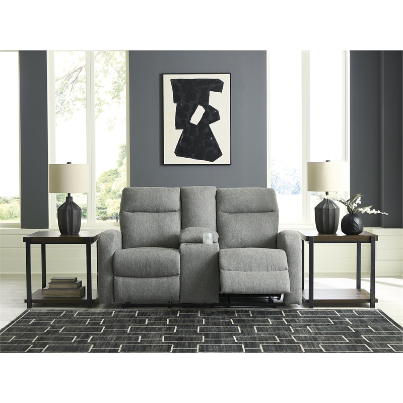 Bowery Hill Contemporary Polyester Gray Reclining Loveseat with Console