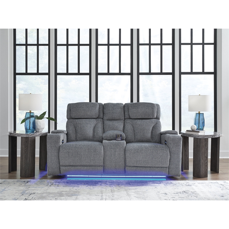 Bowery Hill Contemporary Polyester Gray Power Reclining Loveseat with Console
