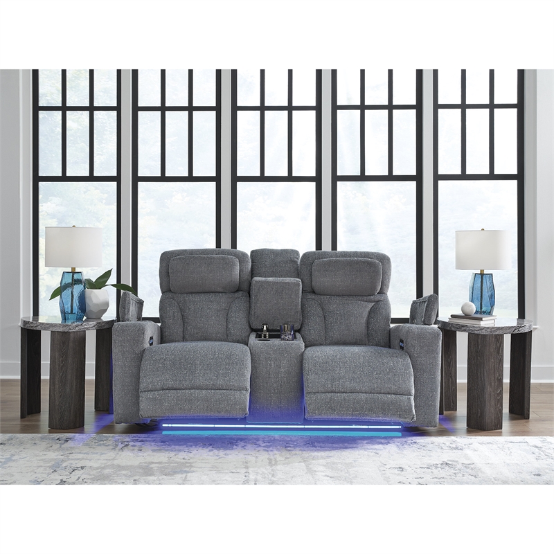 Bowery Hill Contemporary Polyester Gray Power Reclining Loveseat with Console