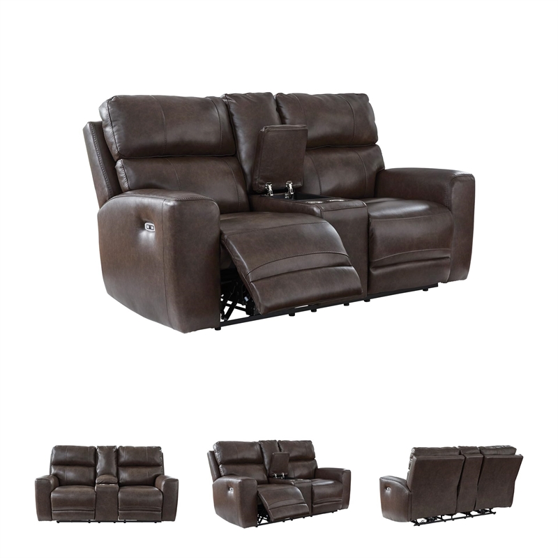 Bowery Hill Contemporary Leather Power Reclining Loveseat with Console