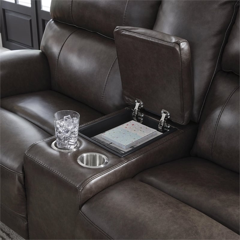 Bowery Hill Contemporary Leather Power Reclining Loveseat with Console