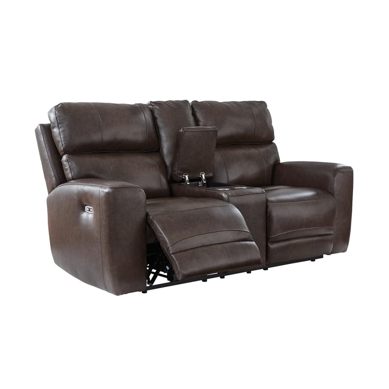 Bowery Hill Contemporary Leather Power Reclining Loveseat with Console