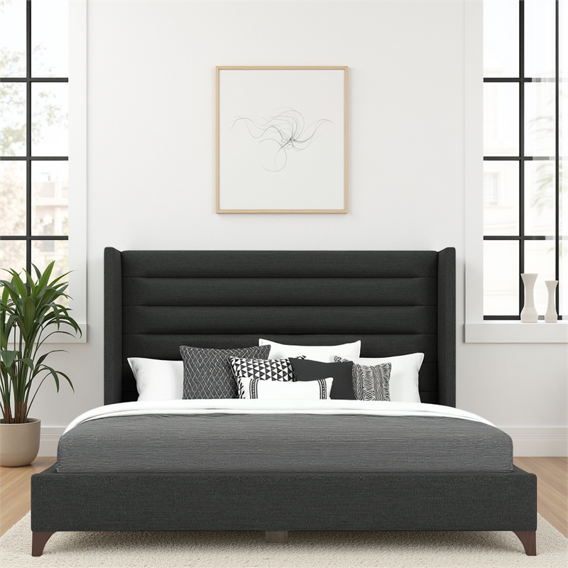 Bowery Hill Modern Channel Upholstered King Bed in Charcoal Performance Fabric