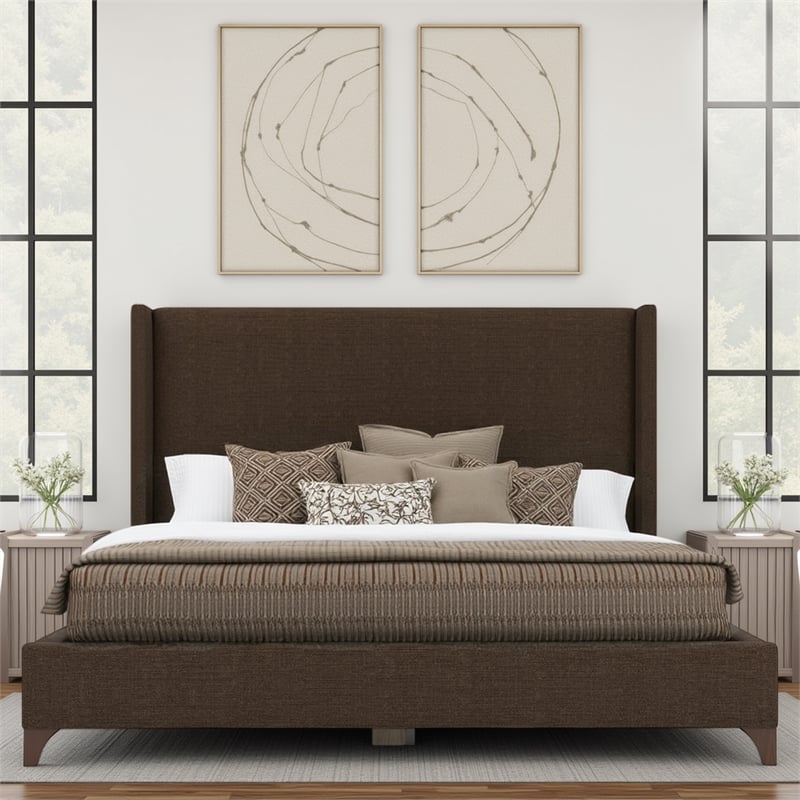 Bowery Hill Upholstered Brown King Bed Rectangular Elegant Tall Headboard 57.5