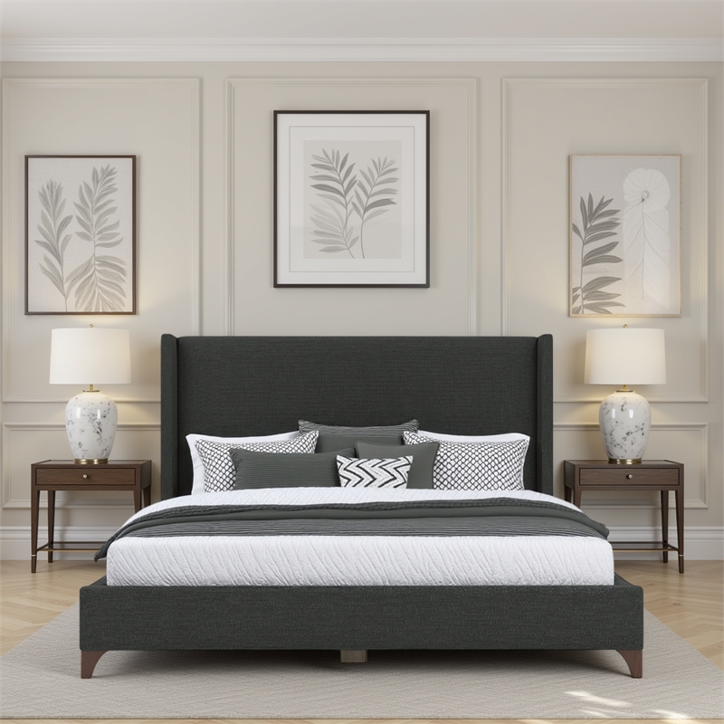 Bowery Hill Modern Upholstered King Bed in Charcoal Performance Fabric