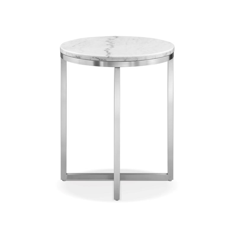 Bowery Hill Transitional White Marble And Brushed Nickel Round End Table