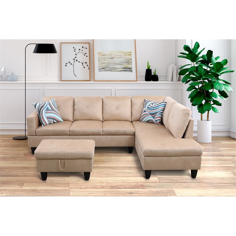 Bowery Hill L-shaped Beige Microfiber Couch with Ottoman (Pillows Included)