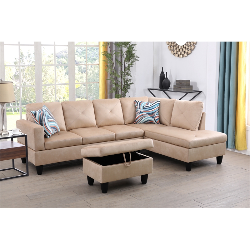 Bowery Hill L-shaped Beige Microfiber Couch with Ottoman (Pillows Included)