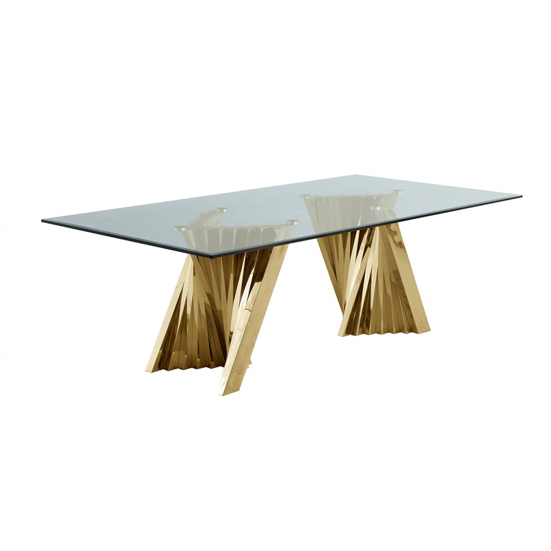 Bowery Hill Clear Glass 9pc Dining Set with Gold Stainless Steel and 8 Chairs