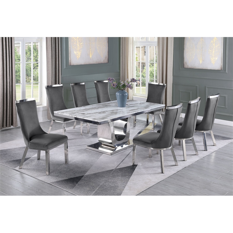 Bowery Hill White Marble 9pc Dining Set with Silver Stainless Steel and 8 Chairs