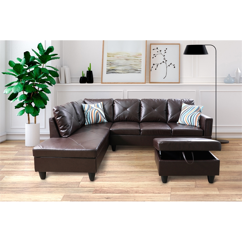 Bowery Hill L-shaped Brown Microfiber Couch with Ottoman (Pillows Included)