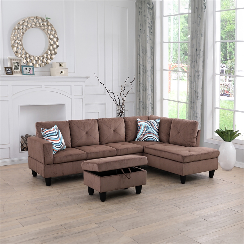 Bowery Hill L-shaped Brown Microfiber Couch with Ottoman (Pillows Included)