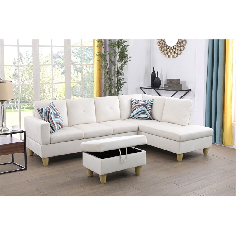 Bowery Hill L-shaped White Microfiber Couch with Ottoman (Pillows Included)