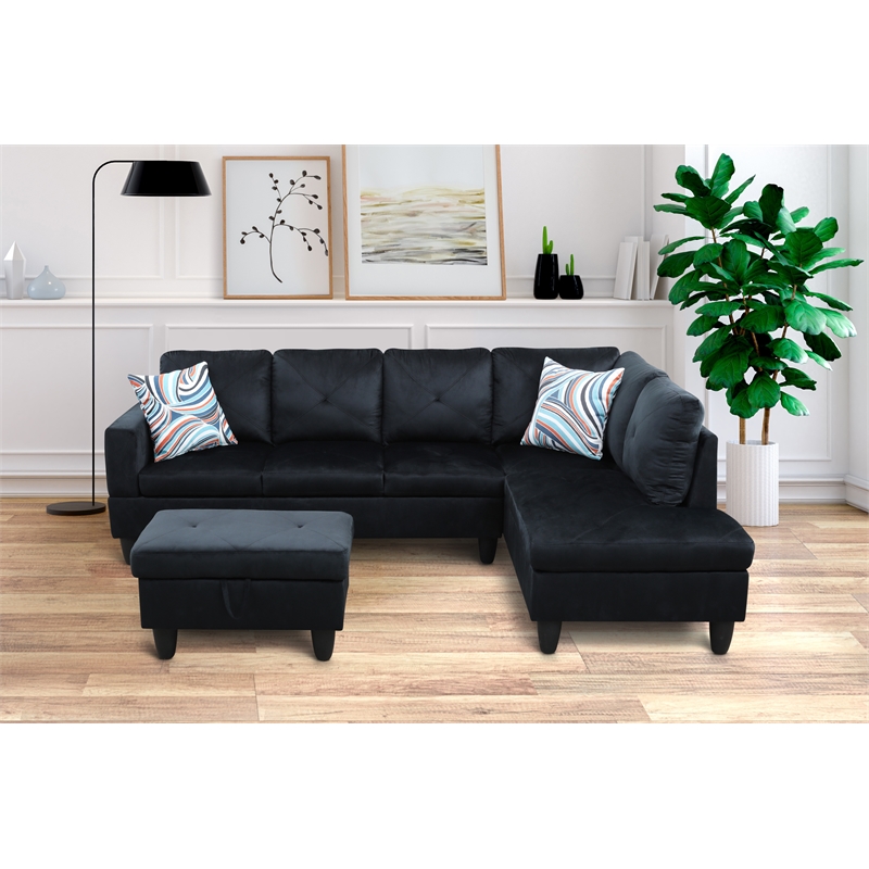 Bowery Hill L-shaped Black Microfiber Couch with Ottoman (Pillows Included)