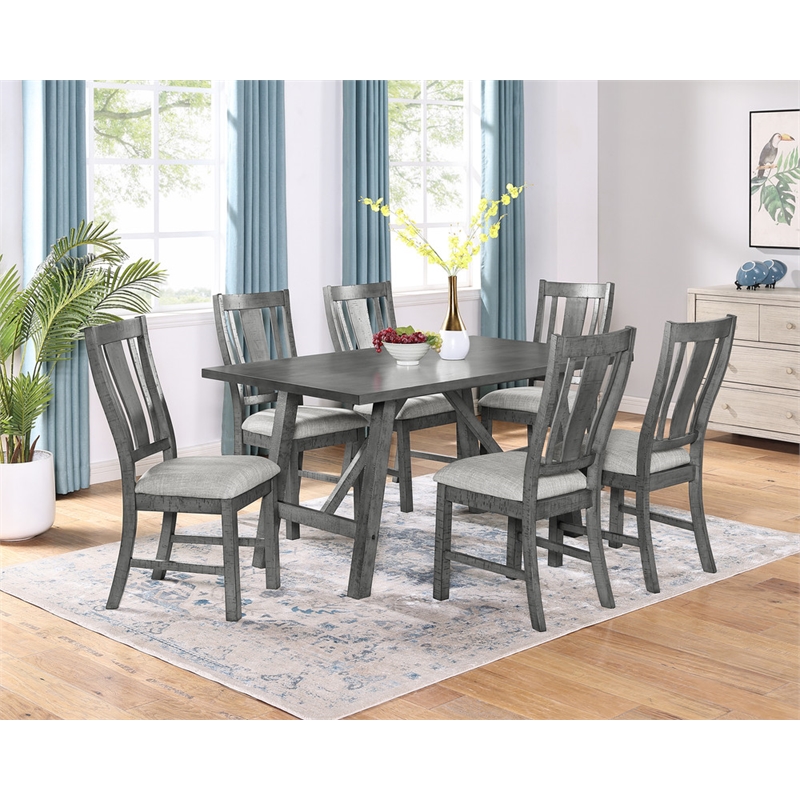 Bowery Hill Rustic Gray Wood 7-piece Dining Set with Linen Upholstered Chairs