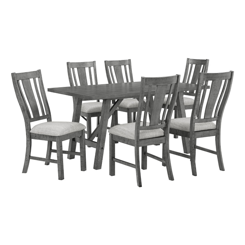 Bowery Hill Rustic Gray Wood 7-piece Dining Set with Linen Upholstered Chairs