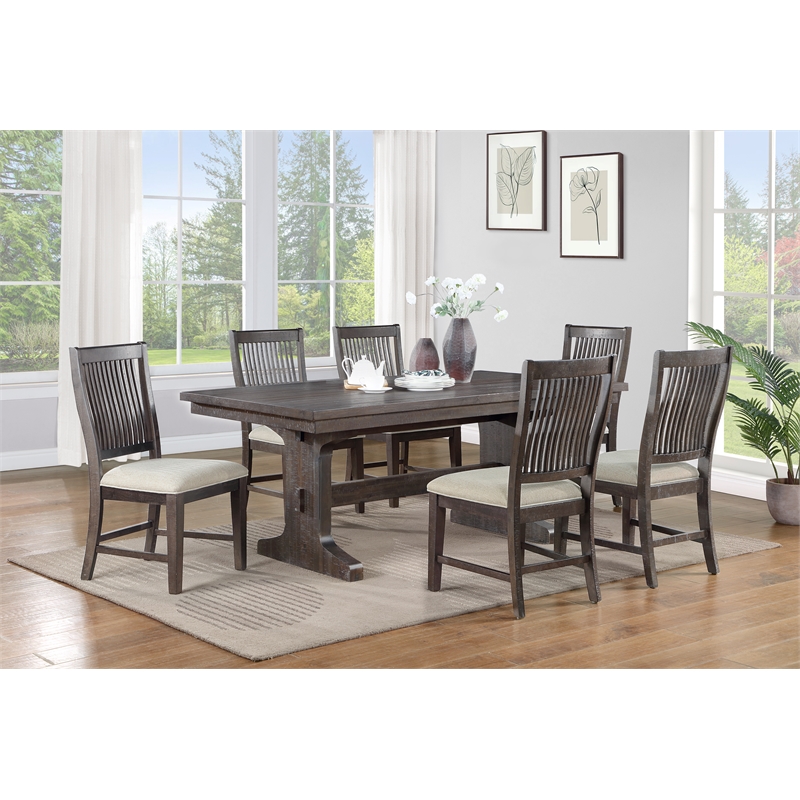 Bowery Hill Rustic Brown Wood 7pc Dining Set with Beige Chairs