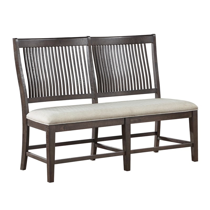 Bowery Hill Rustic Brown Wood Dining Bench with Beige Upholstery