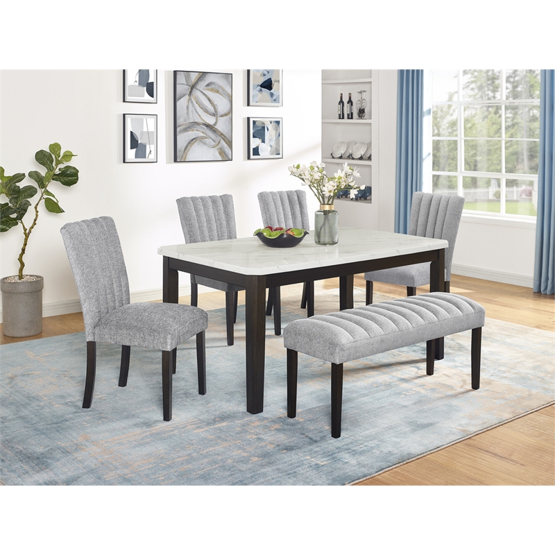 Bowery Hill 6-Piece Faux Marble & Fabric Dining Set in White/Gray