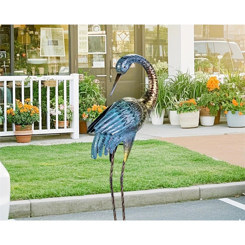 Bowery Hill Blue Gold Metal Crane Garden Sculpture Elegant Outdoor Decor