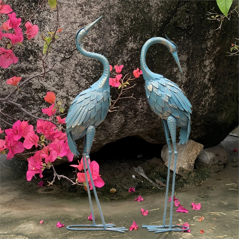 Bowery Hill Blue Metal Crane Garden Statues Elegant Outdoor Decor