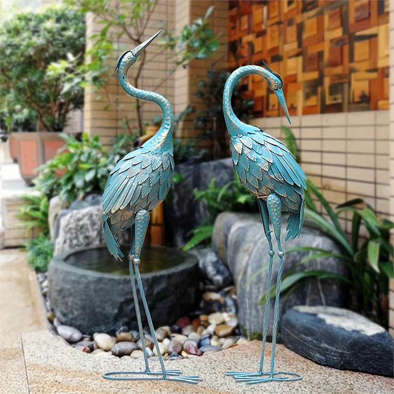 Bowery Hill Blue Metal Crane Garden Statues Elegant Outdoor Decor