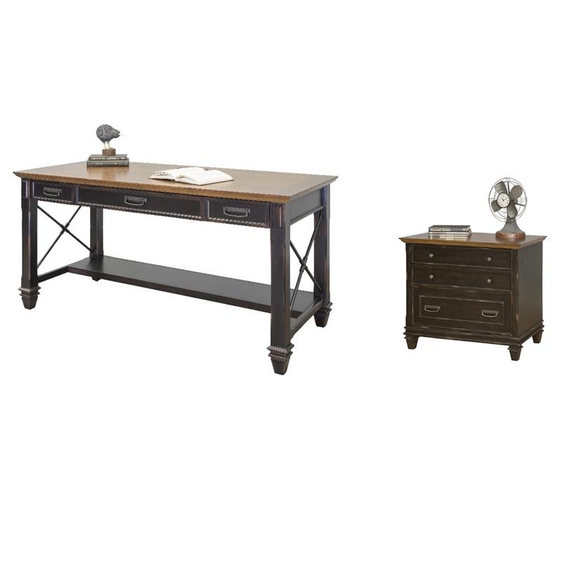 Bowery Hill Set of 2 Wood Writing Office Desk & Lateral Filing Cabinet