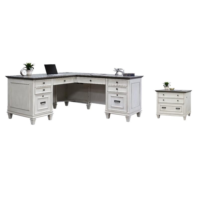 Bowery Hill Set of 2 L-Desk and Return Writing Table & Lateral Filing Cabinet