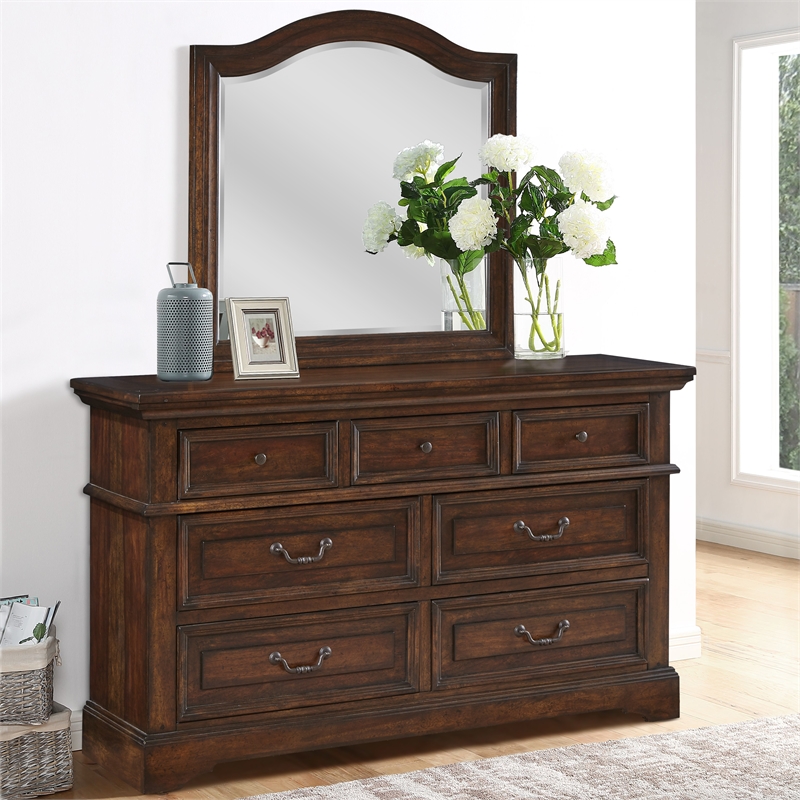 Bowery Hill Transitional Tobacco Finished Wood 7-Drawer Dresser Mirror