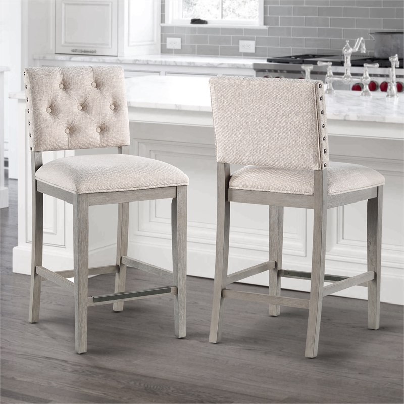 Bowery Hill Transitional Cream Polyster Fabric Solid Wood Counter Stool