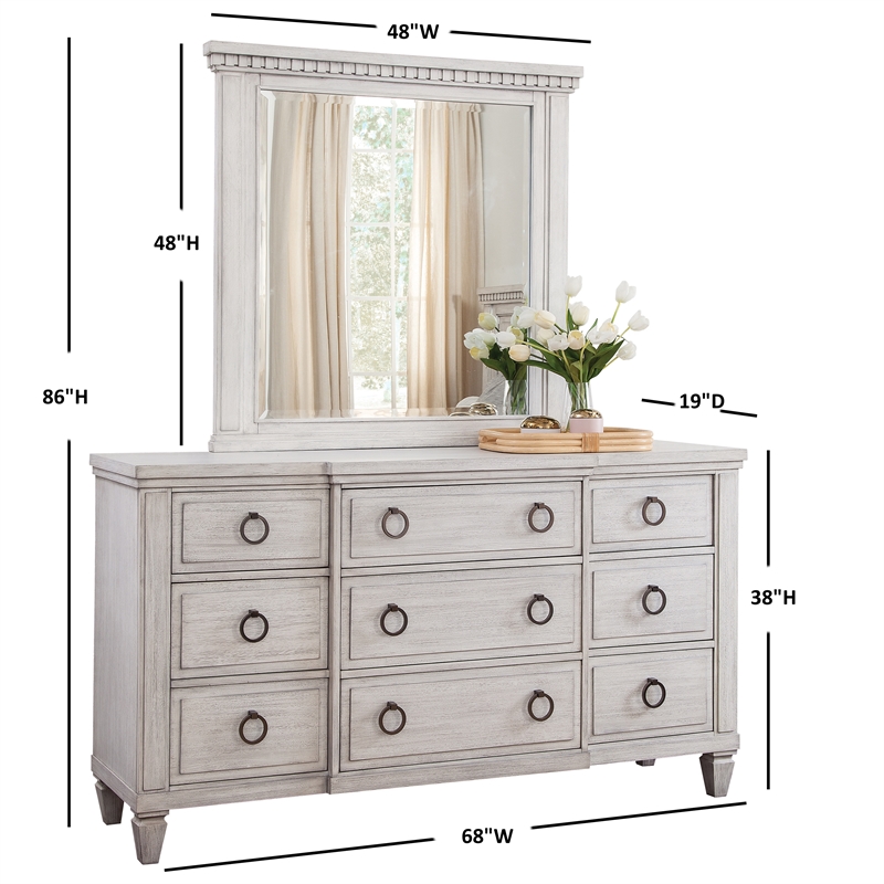 Bowery Hill Modern Farmhouse Wood 9-Drawer Dresser & Mirror in Oyster White