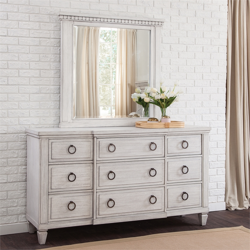 Bowery Hill Modern Farmhouse Wood 9-Drawer Dresser & Mirror in Oyster White
