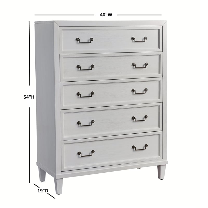 Bowery Hill Coastal Wood 5-drawer Chest in Antiqued Silver/White