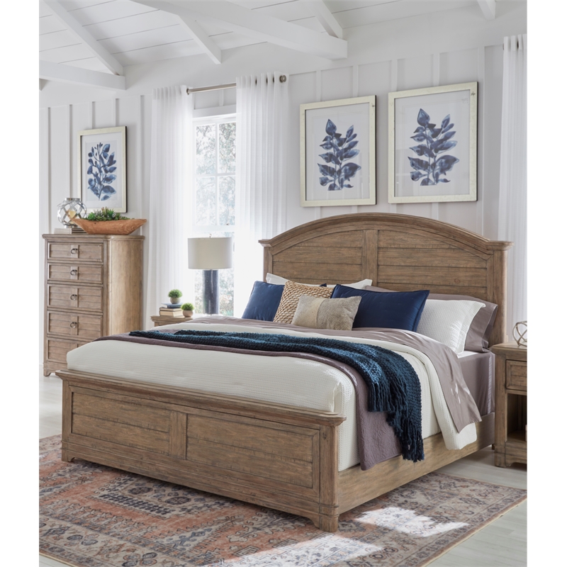 Bowery Hill Beige Antique Sand Wood Farmhouse Queen Arched Panel Bed