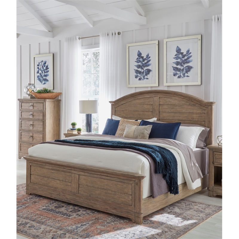 Bowery Hill Beige Antique Sand Wood Farmhouse King Size Arched Panel Bed