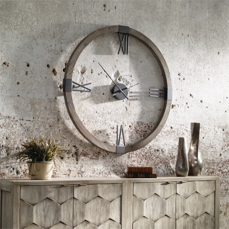 Bowery Hill Contemporary Firwood and Iron Wall Clock in Natural