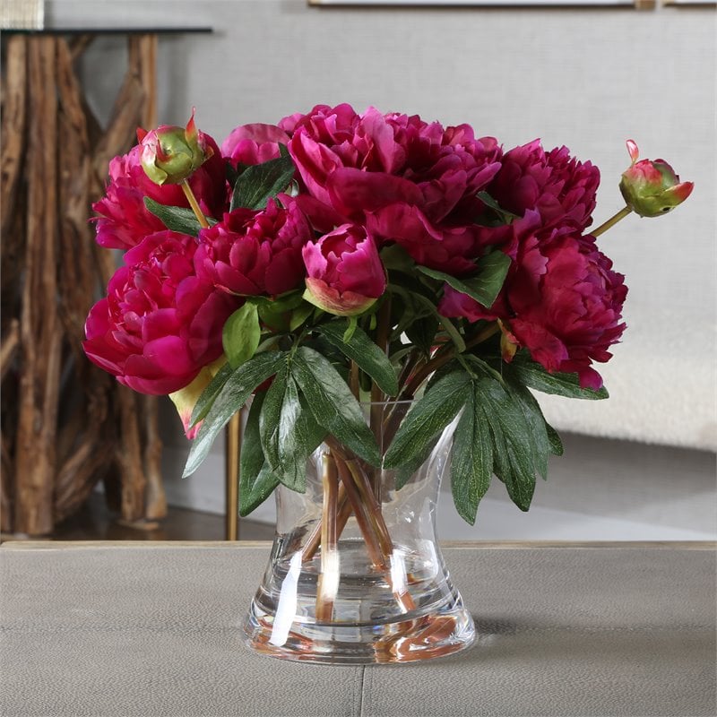 Bowery Hill Peony Plastic Bouquet with Glass Vase in Pink/Clear
