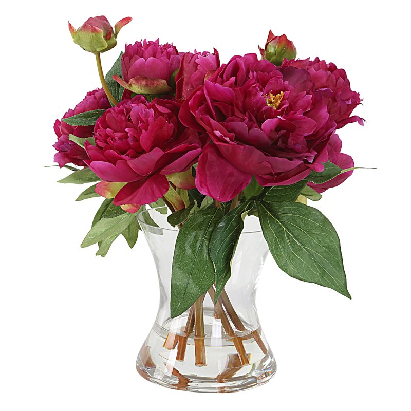 Bowery Hill Peony Plastic Bouquet with Glass Vase in Pink/Clear