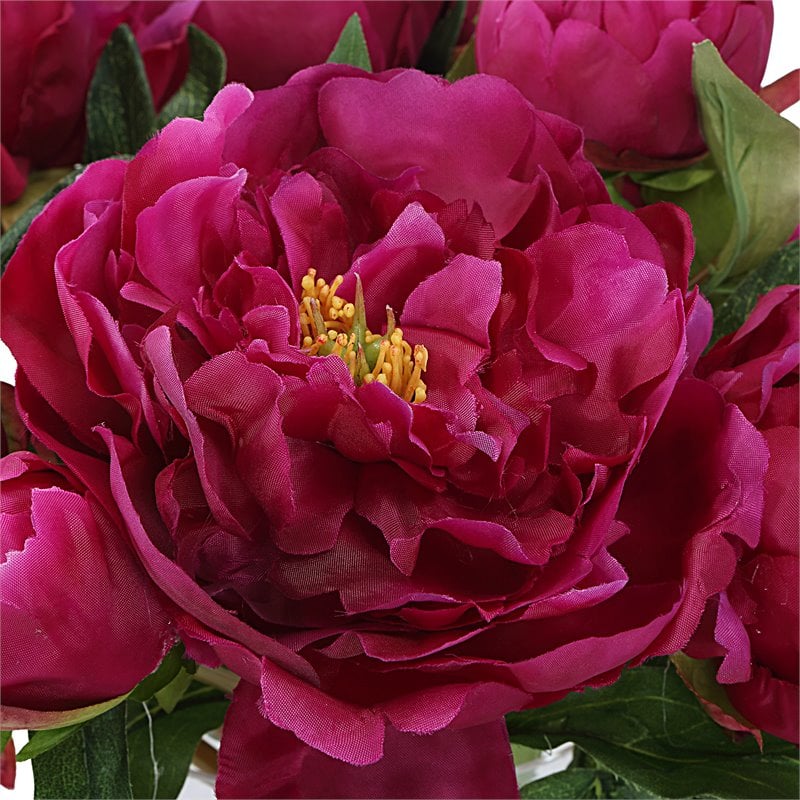 Bowery Hill Peony Plastic Bouquet with Glass Vase in Pink/Clear