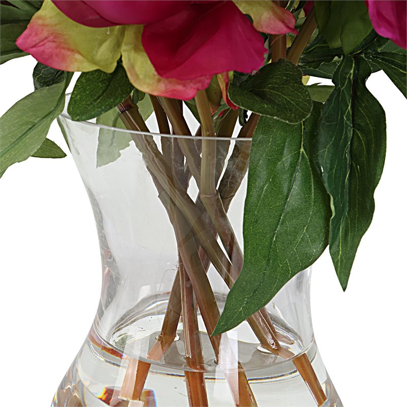 Bowery Hill Peony Plastic Bouquet with Glass Vase in Pink/Clear