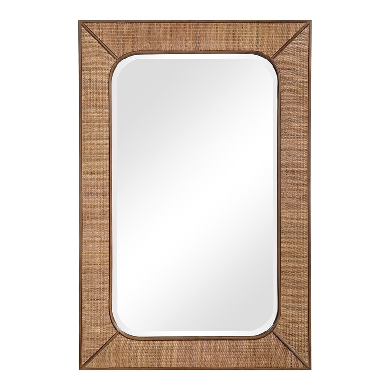 Bowery Hill Coastal Rattan and Wood Mirror in Warm Maple Beige