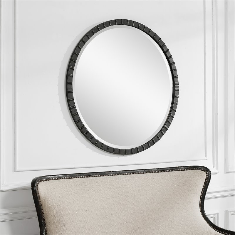 Bowery Hill Round Iron Metal Mirror with Silver Undertones in Black