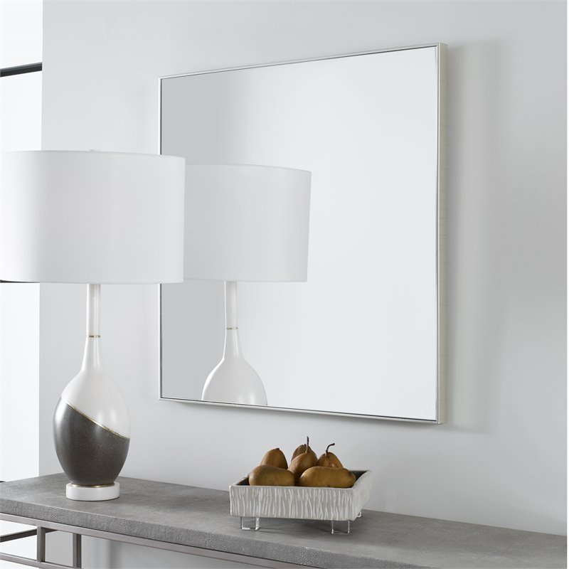 Bowery Hill Square Contemporary Plastic and MDF Mirror in Brushed Silver
