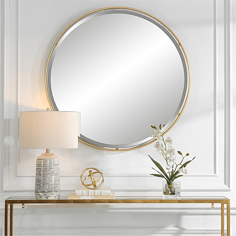 Bowery Hill Round Contemporary Iron Metal and MDF Mirror in Gold
