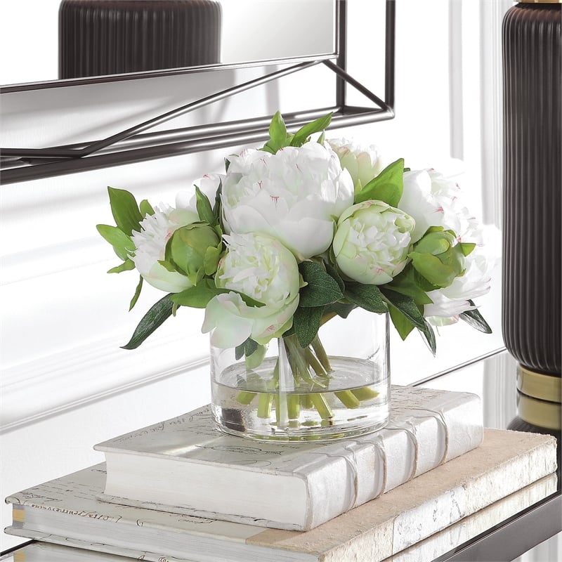 Bowery Hill Plastic and Polyester Lush White Peony Blossoms Bouquet