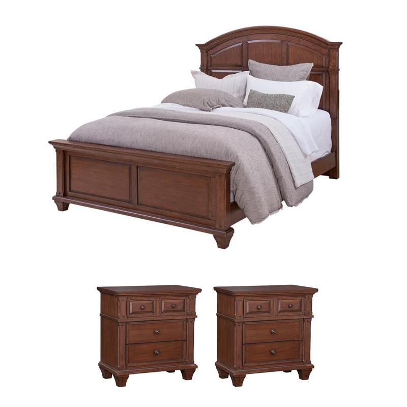Bowery Hill Set of 3 - Cherry Wood Arched Queen Panel Bed & 2 Nightstands