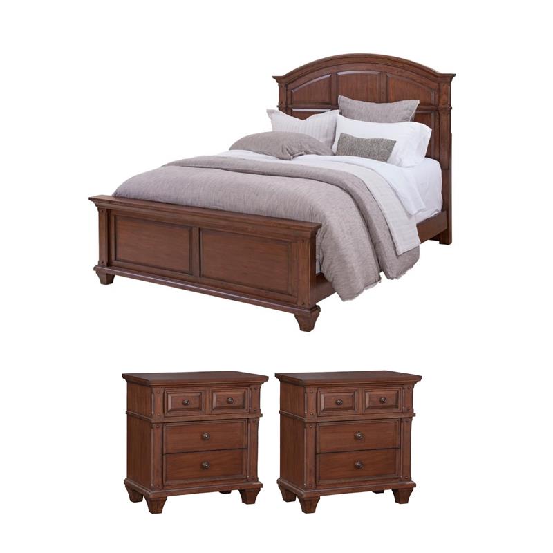 Bowery Hill Set of 3 - Cherry Wood Arched King Panel Bed & 2 Nightstands