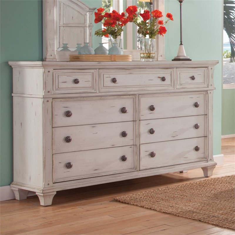 Bowery Hill Set of 2 Antique White Wood 5-Drawers Chest & 9-Drawers Dresser